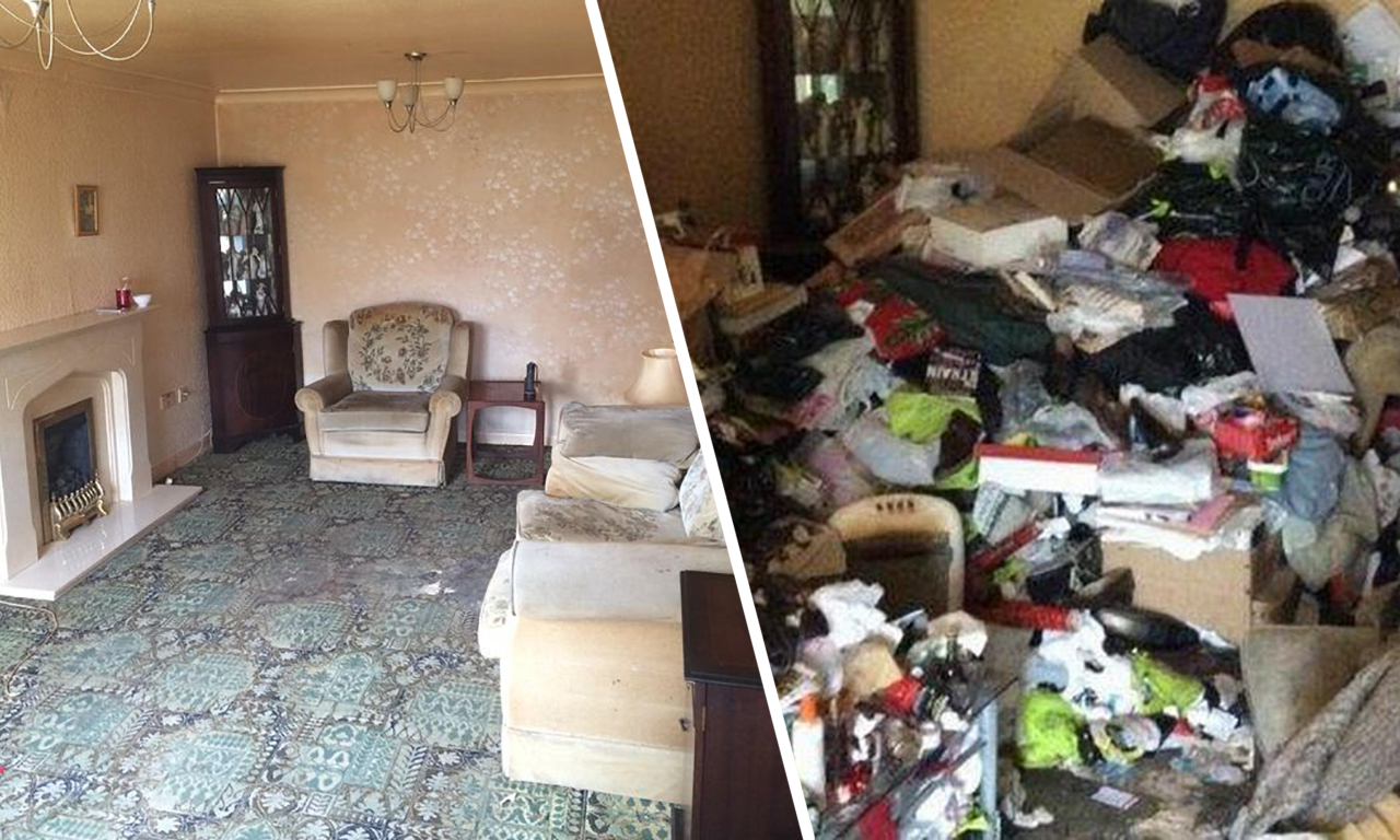 Под купчината боклуци служителите на почистващата фирма са открили симпатична камина и уютна, макар и стара, мебел в дневната.