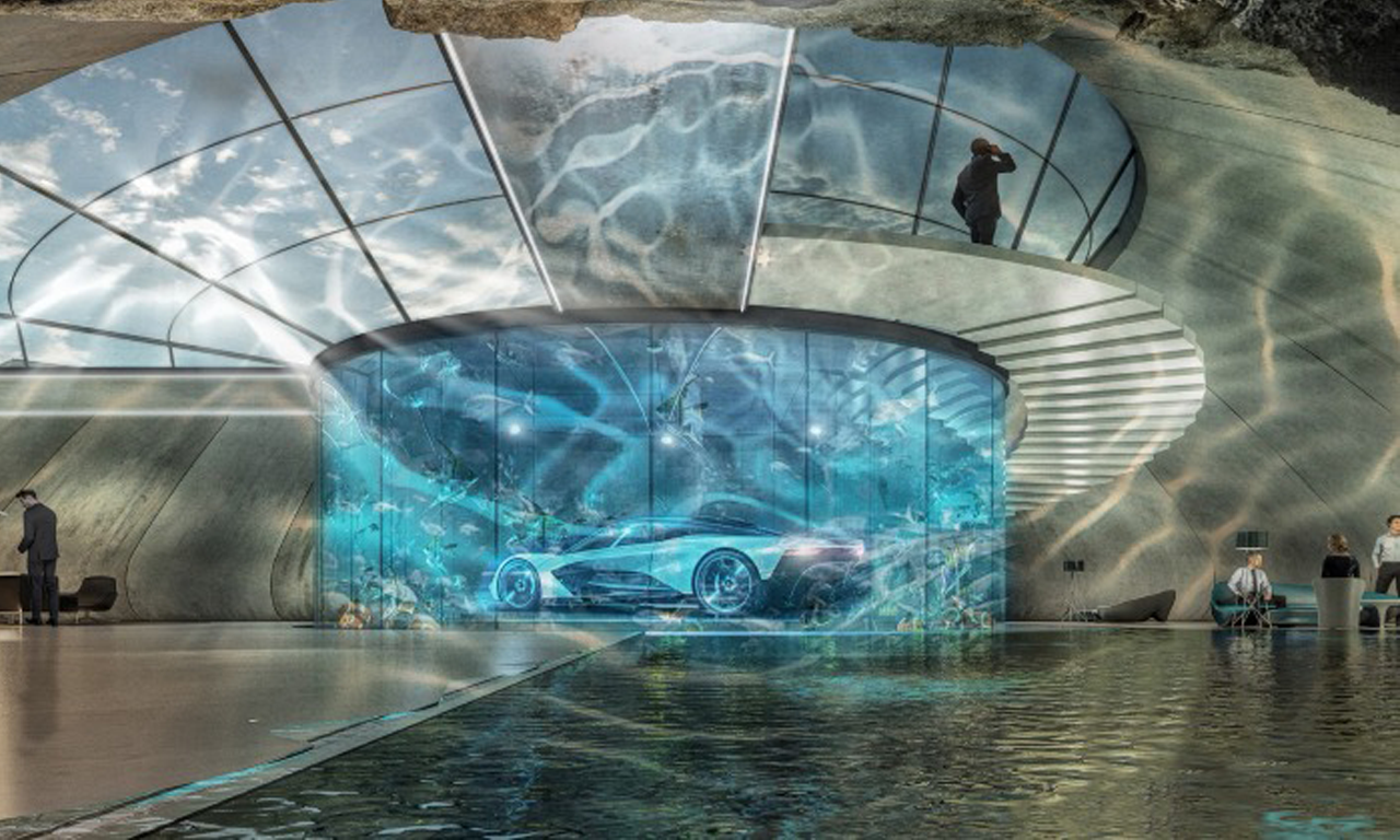Футористичните гаражи се отличават с дързък дизайн – зад един от автомобилите в представените прототипи се вижда гигантски цилиндричен аквариум, а друга авто-колекция на марката е поставена под басейн с прозрачно дъно.